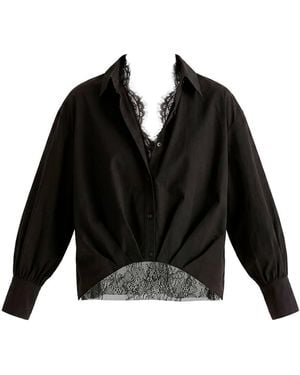 Paisie Two-Piece Pleated Waist Shirt Set With Lace Cami Underlay - Black