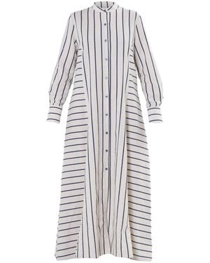 Metamorph Striped Linen-Cotton Maxi Shirt Dress With Buttons- Stripes - White