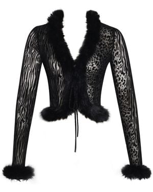 Miss Circle New York Hali Animal Print Burnout Velvet Fur Trim Top - Black