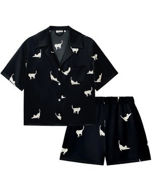 NOT JUST PAJAMA Cats Edition Silk Pyjamas Short Set - Black