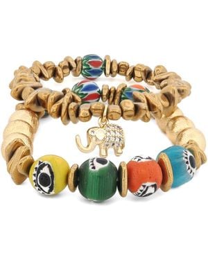 Ebru Jewelry Golden Elephant Colourful Evil Eye Beaded Bracelet Set - Metallic