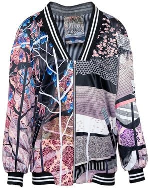ARTISTA Gaia V-Neck Printed Zipped Long Bomber Jacket - Blue