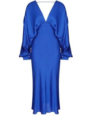 NAZLI CEREN Mila V Neck Satin Dress - Blue