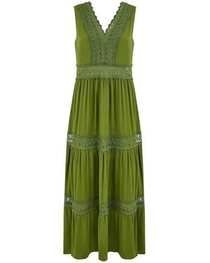 Yumi' Lace Trim Cotton Midi Sun Dress - Green
