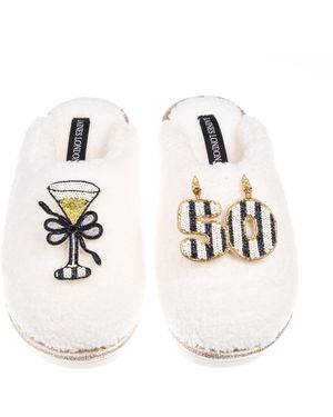 Laines London Teddy Closed Toe Slippers With Stripe 50Th Birthday & Champagne Glass Brooches - White