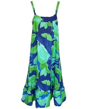 Haris Cotton Printed Midi Linen Dress And Ruffled Hem Lagoon - Green