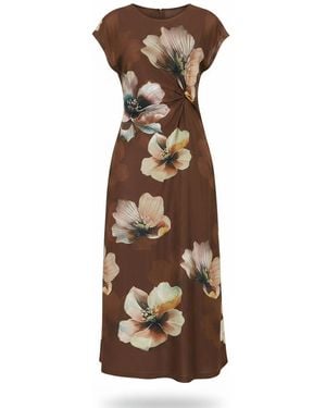 Yumi' Mesh Floral Midi Dress - Brown