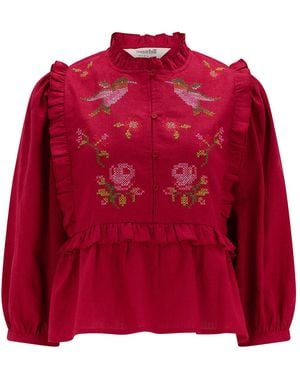 Sugarhill Wilhelmina Frill Blouse Scarlet Rose Embroidery - Red