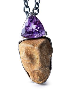 German Kabirski Tanit Pendant With Ancient Mediterranean Limestone Maskette And Trillion Amethyst - Pink