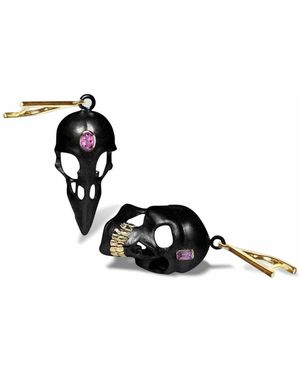 German Kabirski Calvina Skull Motif Asymmetric Earrings With Natural Amethyst - Black