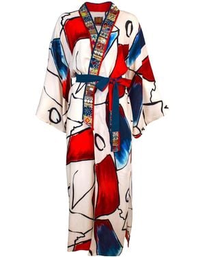 Lalipop Design Abstract Viscose Kimono Embellished With Embroidery Details - Red