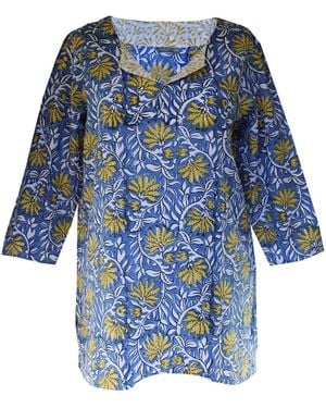 Lime Tree Design Floral Block Print Tunic Top - Blue