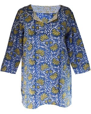 Lime Tree Design Floral Block Print Tunic Top - Blue