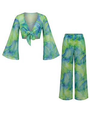 LOVEIST STORE Estera Chiffon Wide-Leg Trousers & Tie-Front Blouse Co-Ord Set - Green