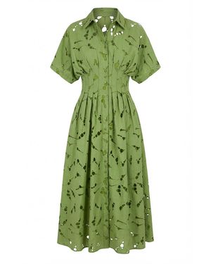Exquise Fabroni Buttoned Eyelet Lined Midi Shirt Dress - Green
