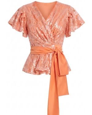 concept A trois Sequin Wrap Top With Satin Tie-Belt - Orange