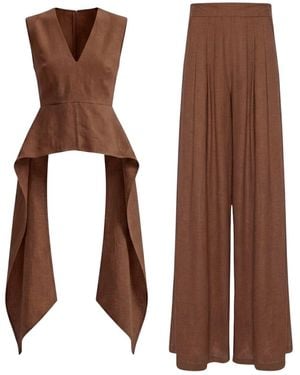 BLUZAT Linen Peplum Top & Wide-Leg Pants Set - Brown