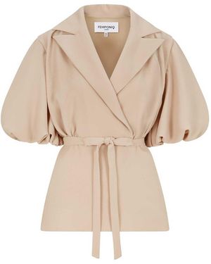 Femponiq Draped Puff Sleeve Tailored Blouse - Natural