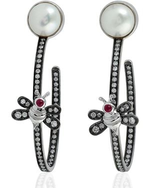 Artisan Pearl, Ruby & Diamond Bee Drop Earrings - Metallic