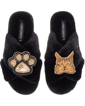 Laines London Classic Laines Slippers With Paw & Maine Coon Cat Brooches - Blue