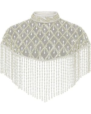 Richa Sharma Hand-Beaded Pearl Fringe Cape Shawl - White