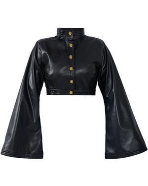 Kargede Leather Cropped Jacket – High Neck, Vegan Faux - Black