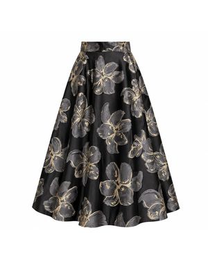 Richa Sharma Handcrafted Floral Organza Jacquard Silk Midi Skirt With Metallic Weave - Black
