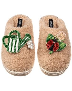Laines London Neutrals Teddy Closed Toe Slippers With The English Garden Brooches - Multicolor