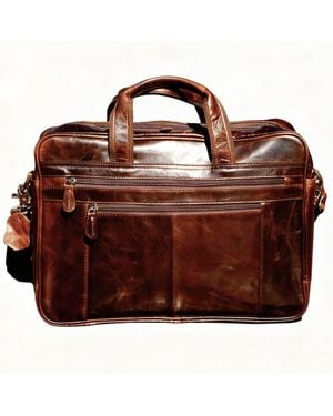Touri Genuine Leather Briefcase With Zip Pockets - Brown