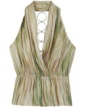 Nocturne Printed Halterneck Peplum Top With Ring Chain Back Detail - Green