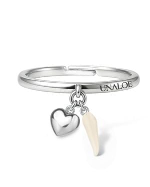 Unaloe Adjustable Sterling Heart & Enamel Italian Horn Ring – Lucky Charm Symbol Jewelry - Metallic