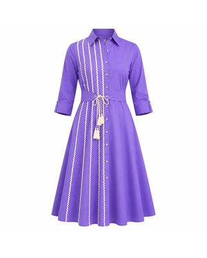 IZABELA MANDOIU Premium Cotton Shirt Dress With Contrast Ric Rac Detailing & Tassel Waist Tie - Purple