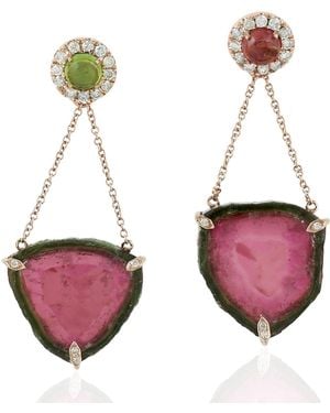 Artisan Rose Pave Diamond & Multi Tourmaline Unshaped Melon Tourmaline Dangle Earrings - Pink