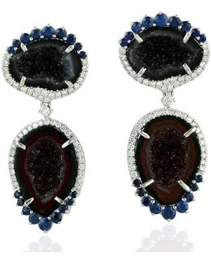 Artisan Gemstone Dangle Earrings Prong Set Geode Diamond 18k White Gold - Black