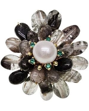 Farra Phantom Quartz Floral Brooch - Black