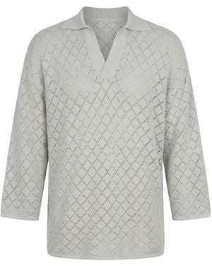 Modenaire Neutrals Textured Knit Polo With Open Collar And Quarter-Length Sleeves - Grey