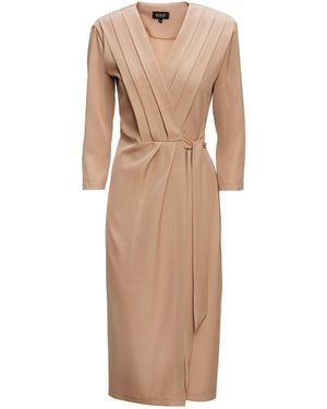 BLUZAT Neutrals Midi Dress With Pleats And Belt - Natural