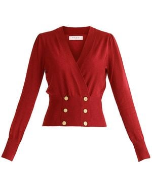 Paisie Long Sleeve Knitted Button Wrap Top - Red