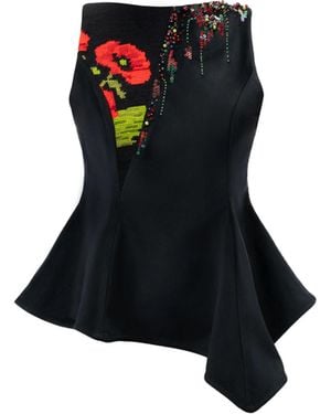 Rondooz Hand Painted Velvet Asymmetric Blouse With Antique French Gobelin Tapestry & Hand Applied Embellishment - Black