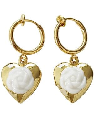 POPORCELAIN Mini Camellia Heart Locket Clip-On Earrings - Metallic