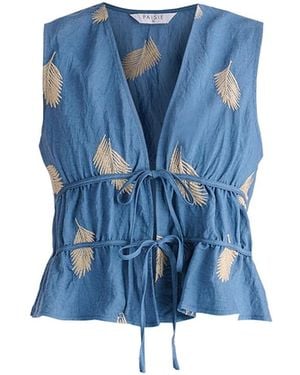 Paisie Leaf Embroidered Tie Front Waistcoat - Blue