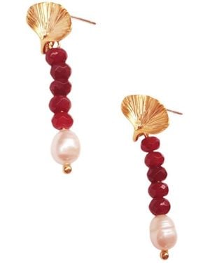 Way to Chic Burgundy Jade Earrings With Plated Leaf Studs And Pearls - Red