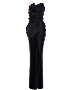 Acob a Porter Victoria Satin Dress With Oversized Flower Applique - Black
