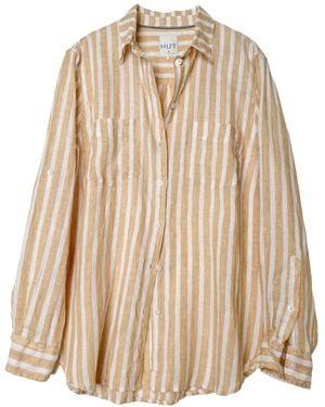 Hut Noosa Neutrals Honeycomb Stripe Boyfriend Linen Oversized Shirt - Natural