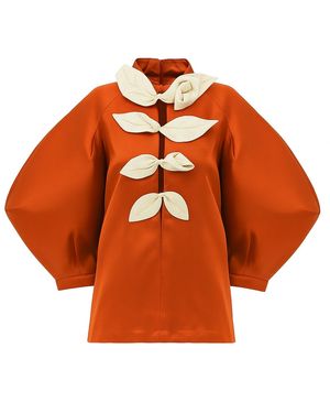 Julia Allert Taffeta Deep V-Neck Blouse With Satin Floral Detail – Terracotta - Orange
