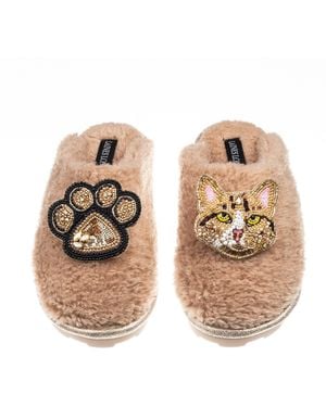 Laines London Neutrals Teddy Closed Toe Slippers With Tabby Cat & Paw Brooches - Metallic