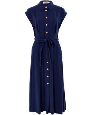 Louche Reese Linen Mix Button Through Midi Shirt Dress - Blue