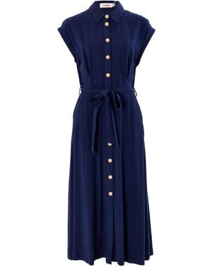 Louche Reese Linen Mix Button Through Midi Shirt Dress - Blue