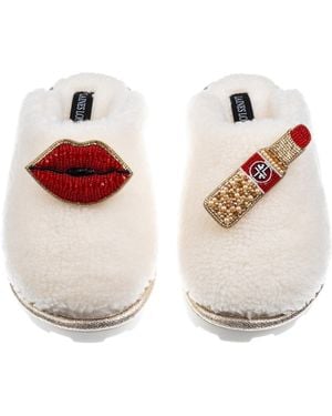 Laines London Teddy Closed Toe Slippers With Lipstick & Lips Brooches - White
