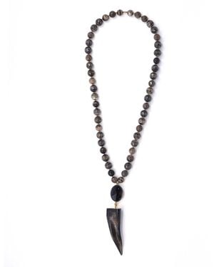 Shar Oke Horn Tusk Amulet & Tibetan Agate Statement Beaded Necklace - Metallic